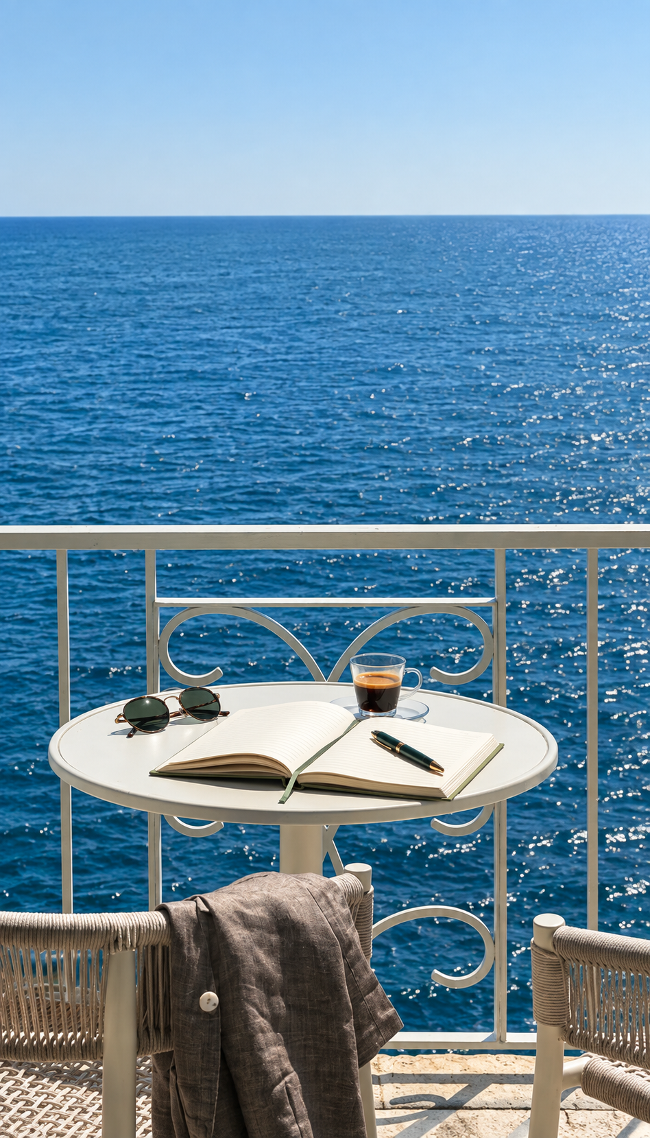 Notebook and espresso on a balcony table above the sea
